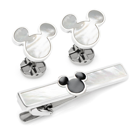 Mickey Mouse-themed cufflinks and tie clip on a white background