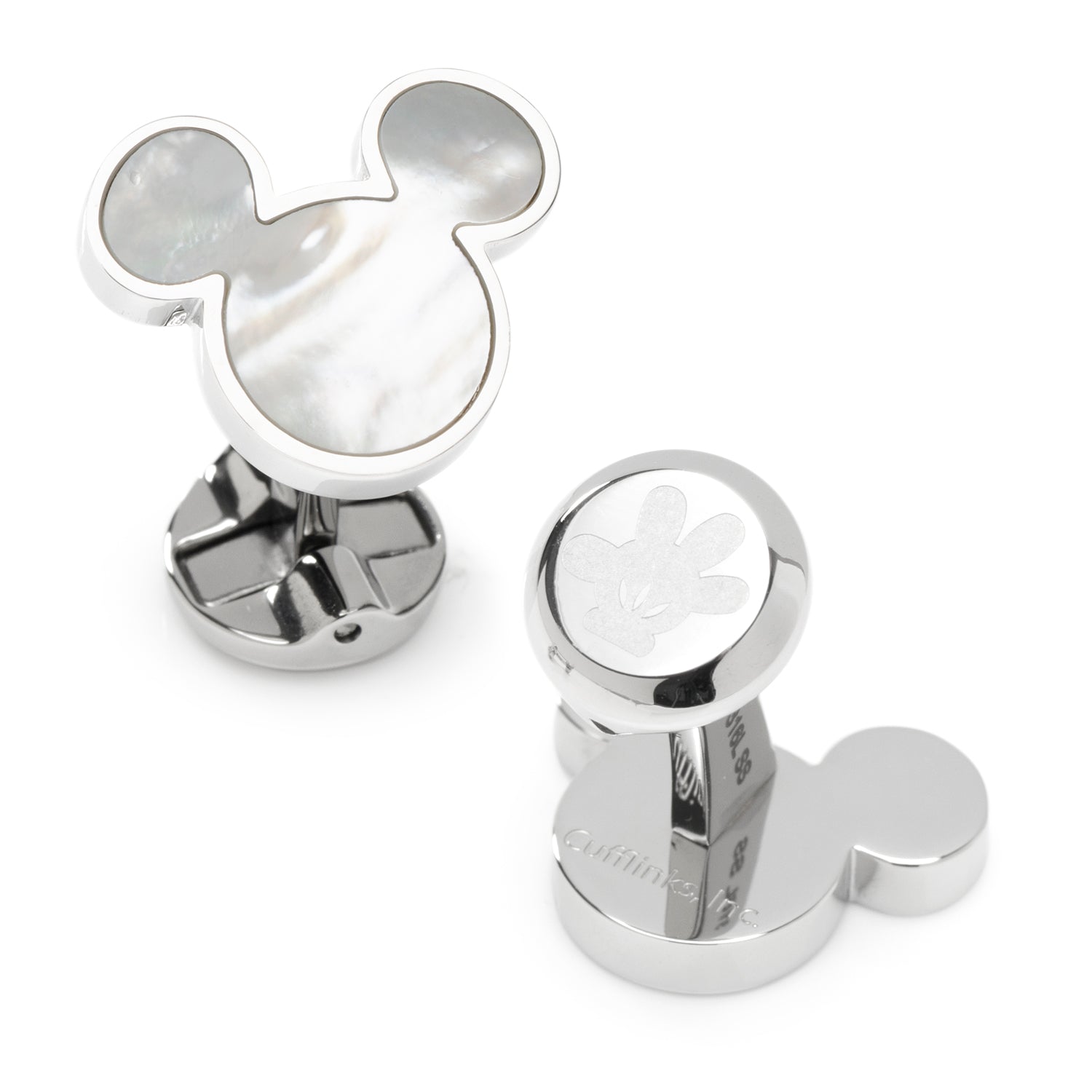 Silver Mickey Mouse cufflinks on a white background