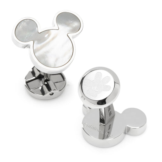 Silver Mickey Mouse cufflinks on a white background