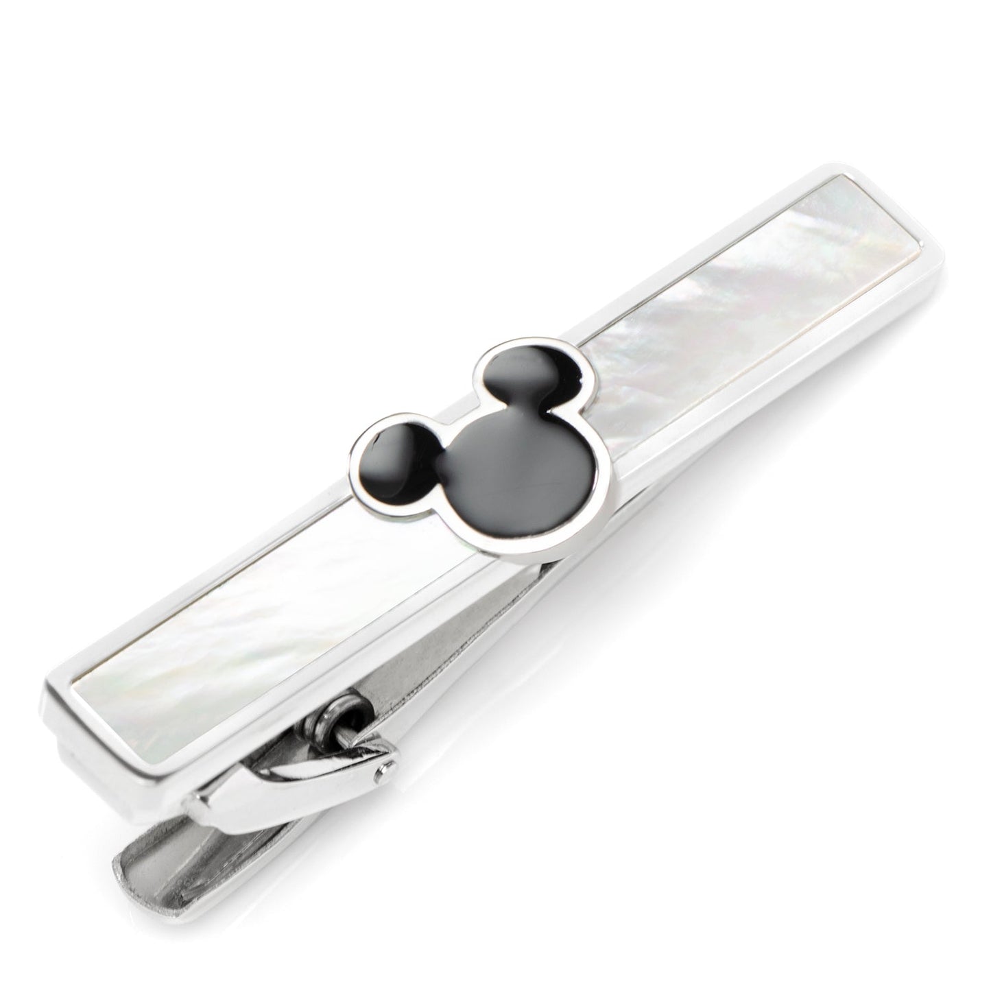 Silver tie clip with black center on a white background