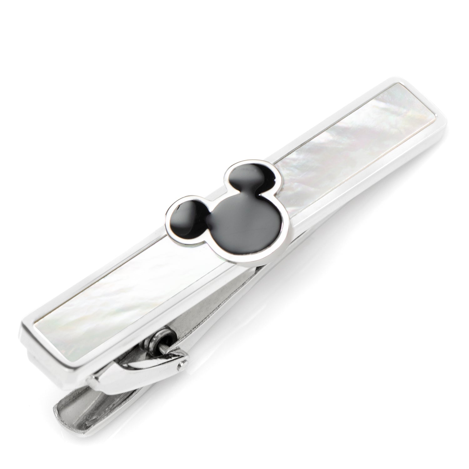 Silver tie clip with black center on a white background