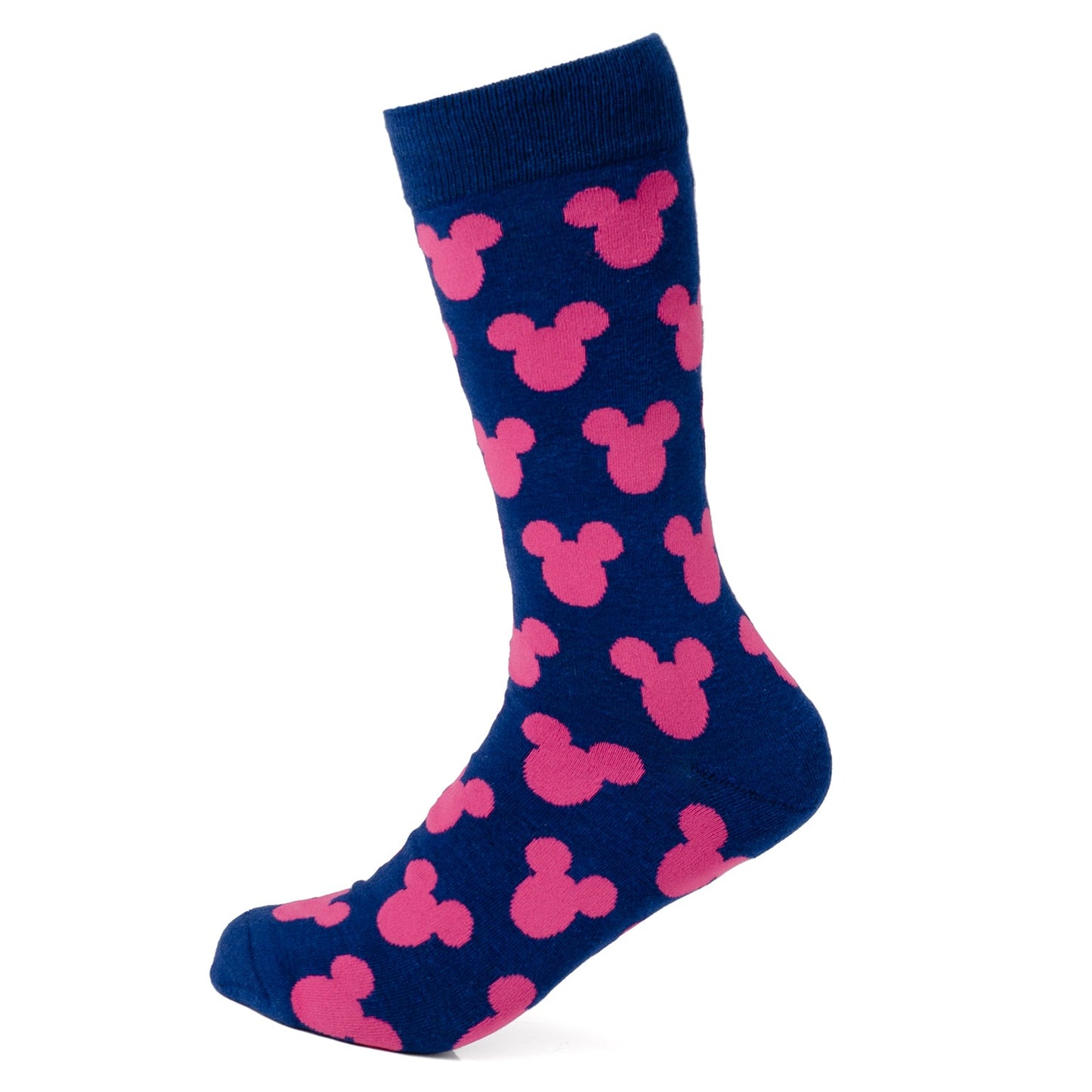 Navy blue sock with pink Mickey Mouse ears pattern on a white background