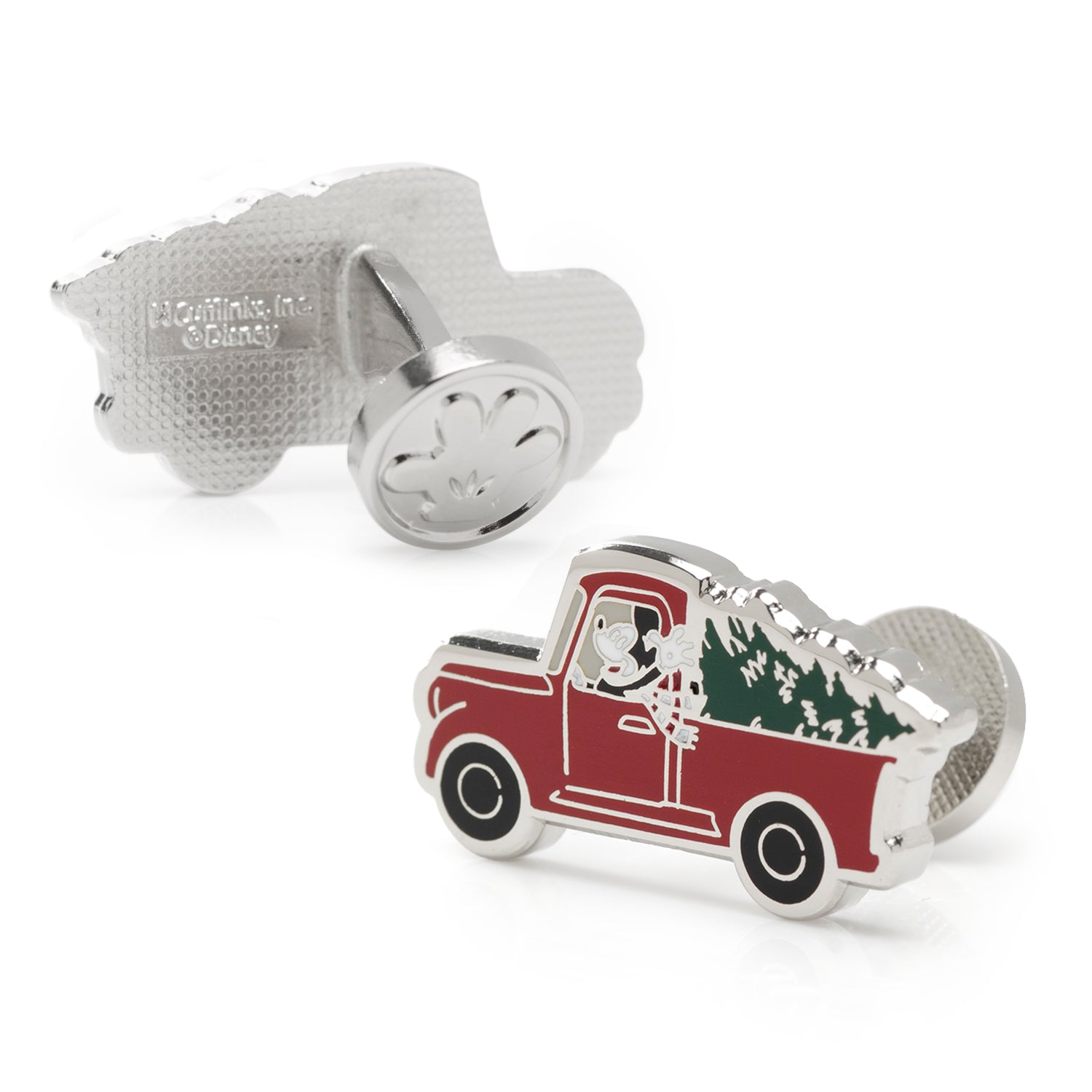 Disney Mickey Mouse Holiday Truck Cufflinks with a red truck and Christmas tree design on a white background
