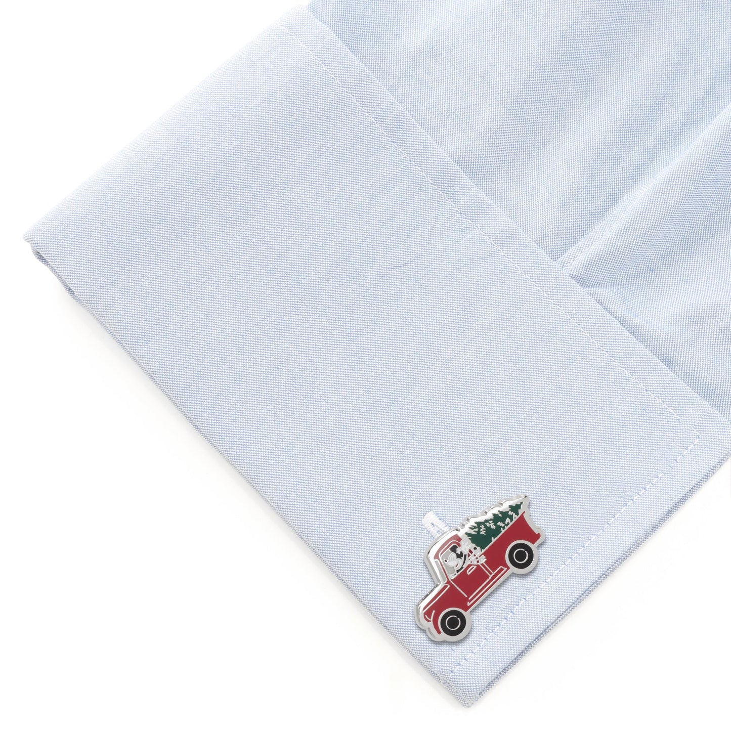 Disney Mickey Mouse Holiday Truck Cufflinks Light blue pocket square with a red truck and Christmas tree design on a white background