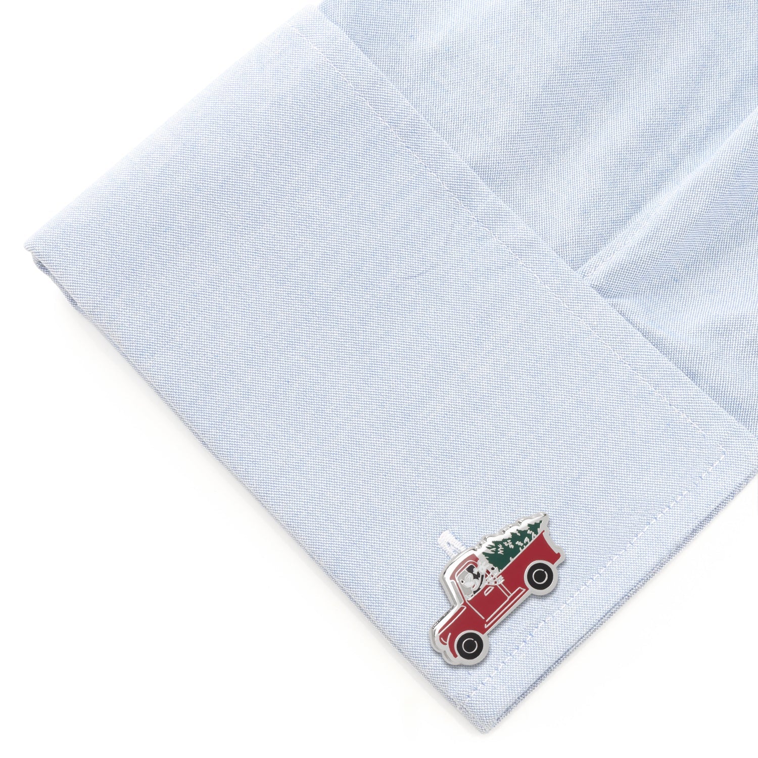 Disney Mickey Mouse Holiday Truck Cufflinks Light blue pocket square with a red truck and Christmas tree design on a white background