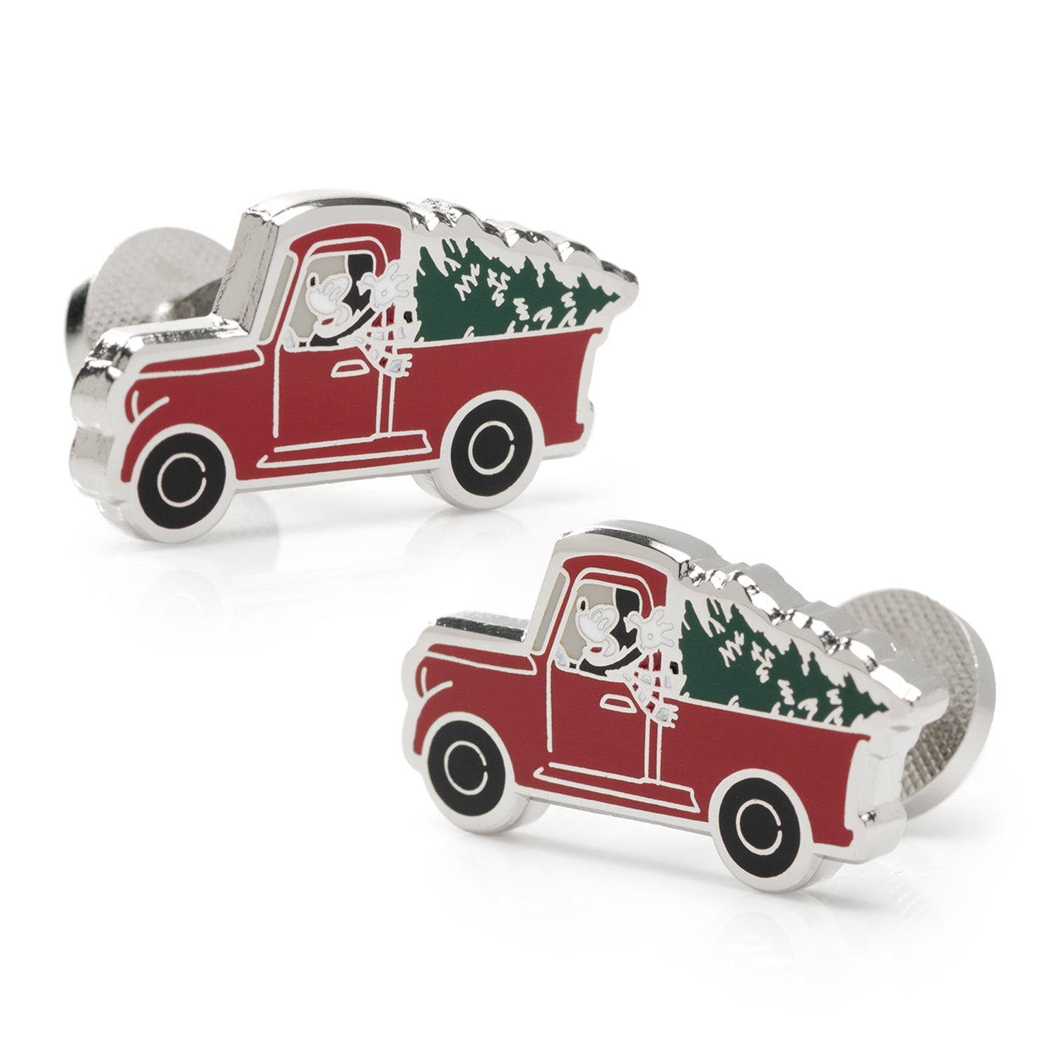 Disney Mickey Mouse Holiday Truck Cufflinks Red truck cufflinks with Christmas tree design on a white background