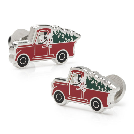 Disney Mickey Mouse Holiday Truck Cufflinks Red truck cufflinks with Christmas tree design on a white background