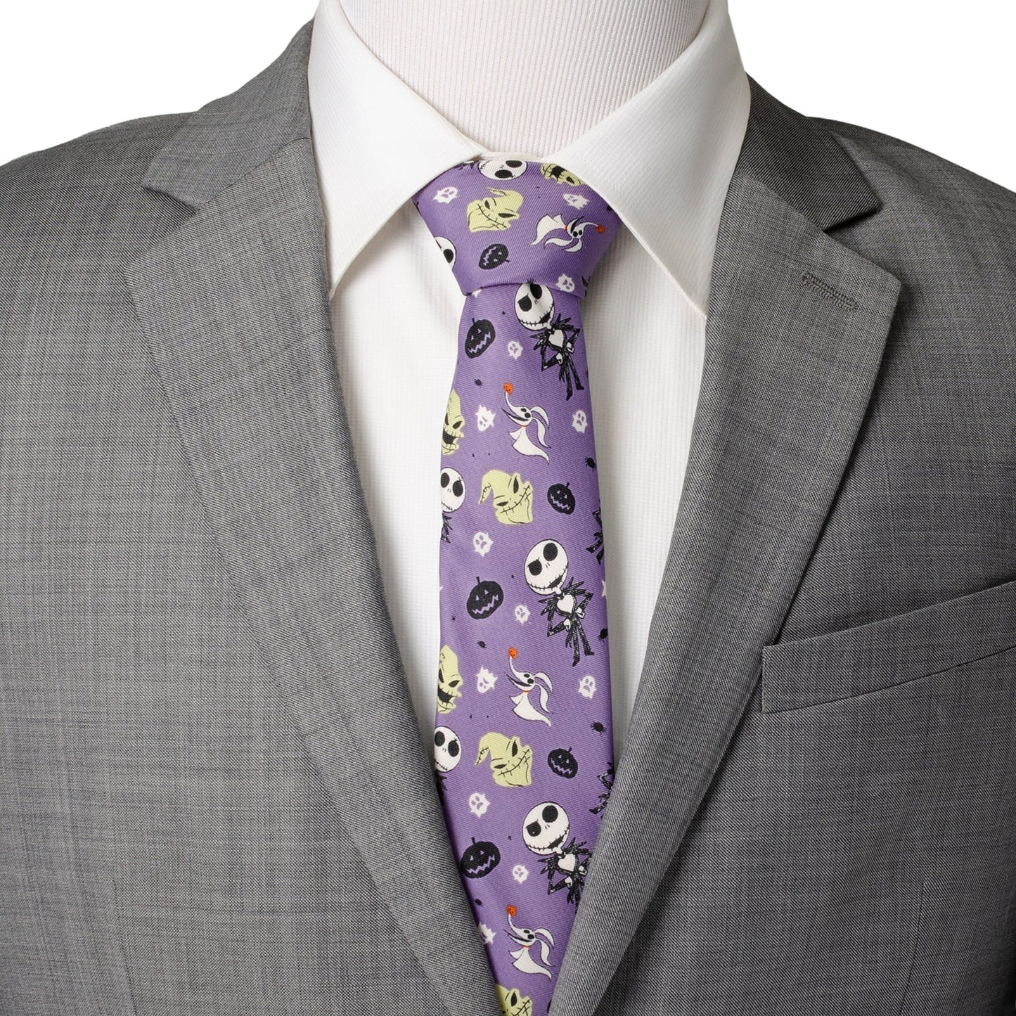 Gray suit with a purple tie featuring cartoon characters on a white background