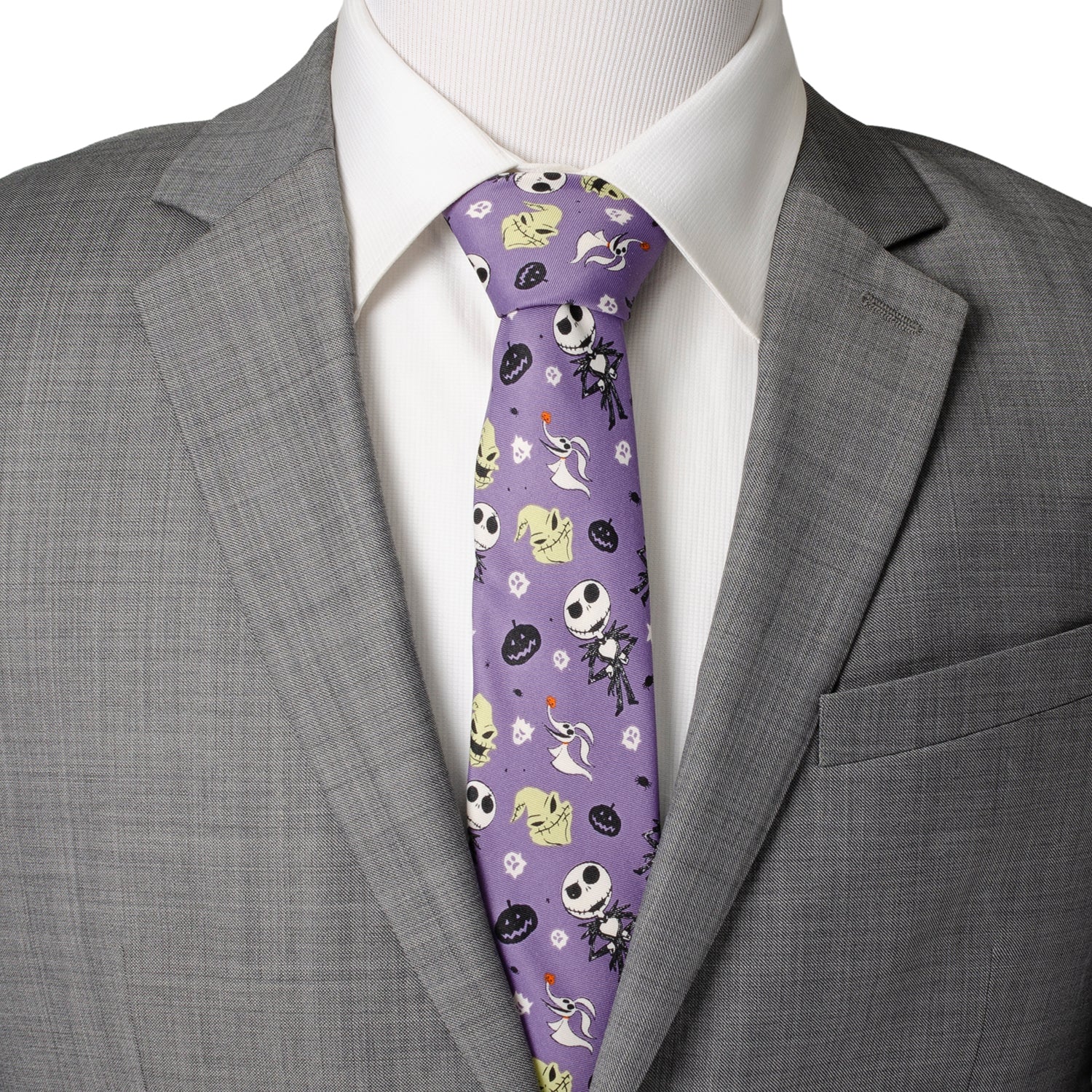 Gray suit with a purple tie featuring cartoon characters on a white background