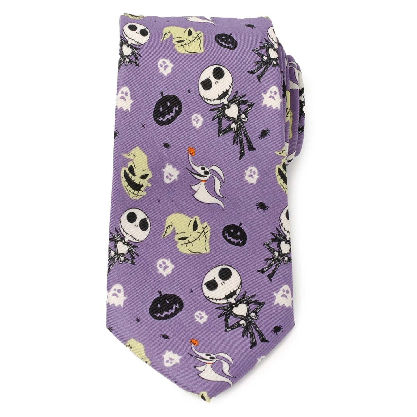 Purple tie with Halloween-themed characters on a white background