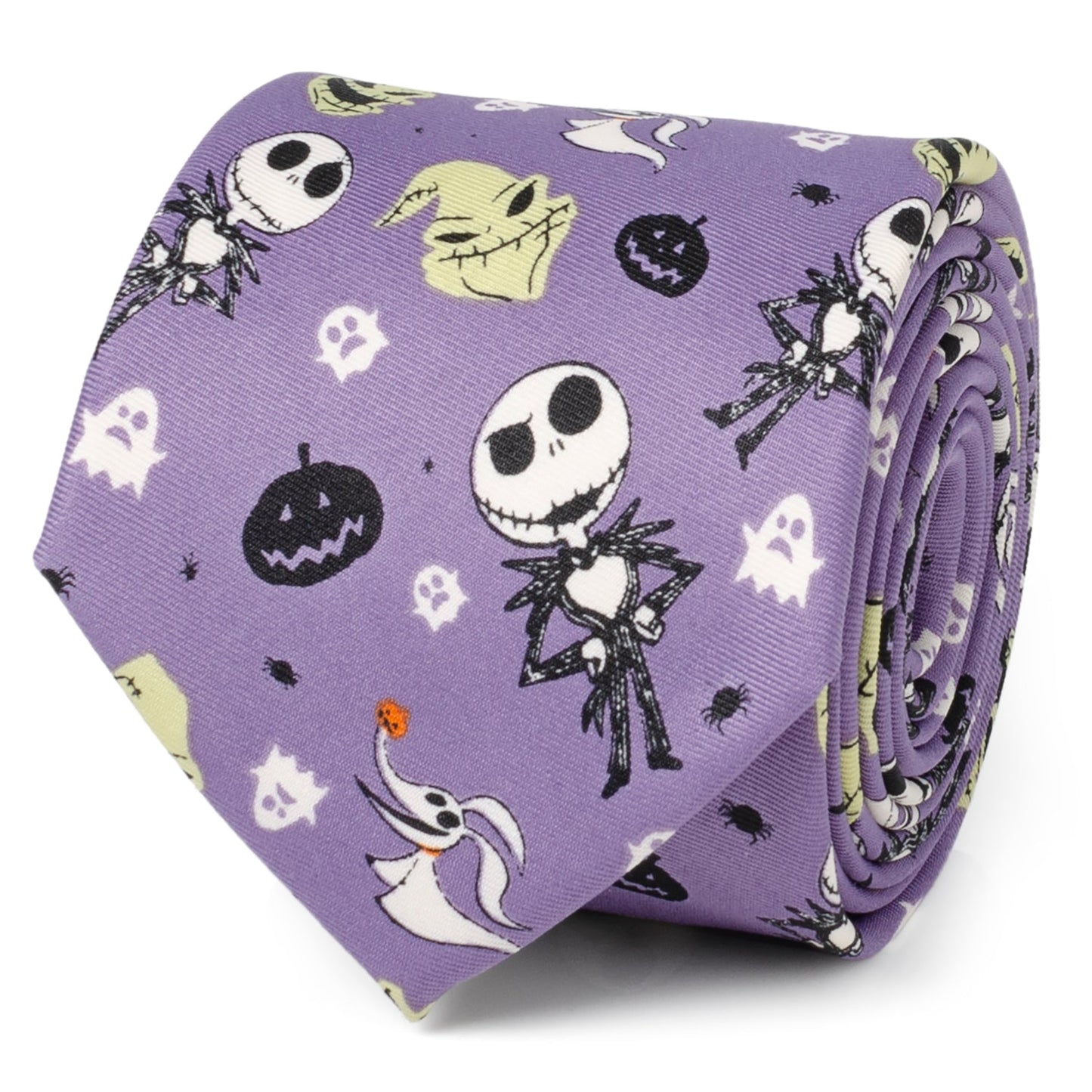 Purple tie with Halloween-themed characters on a white background