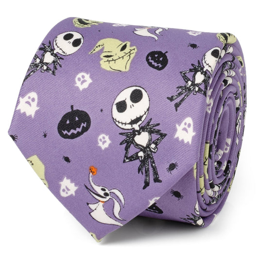 Purple tie with Halloween-themed characters on a white background
