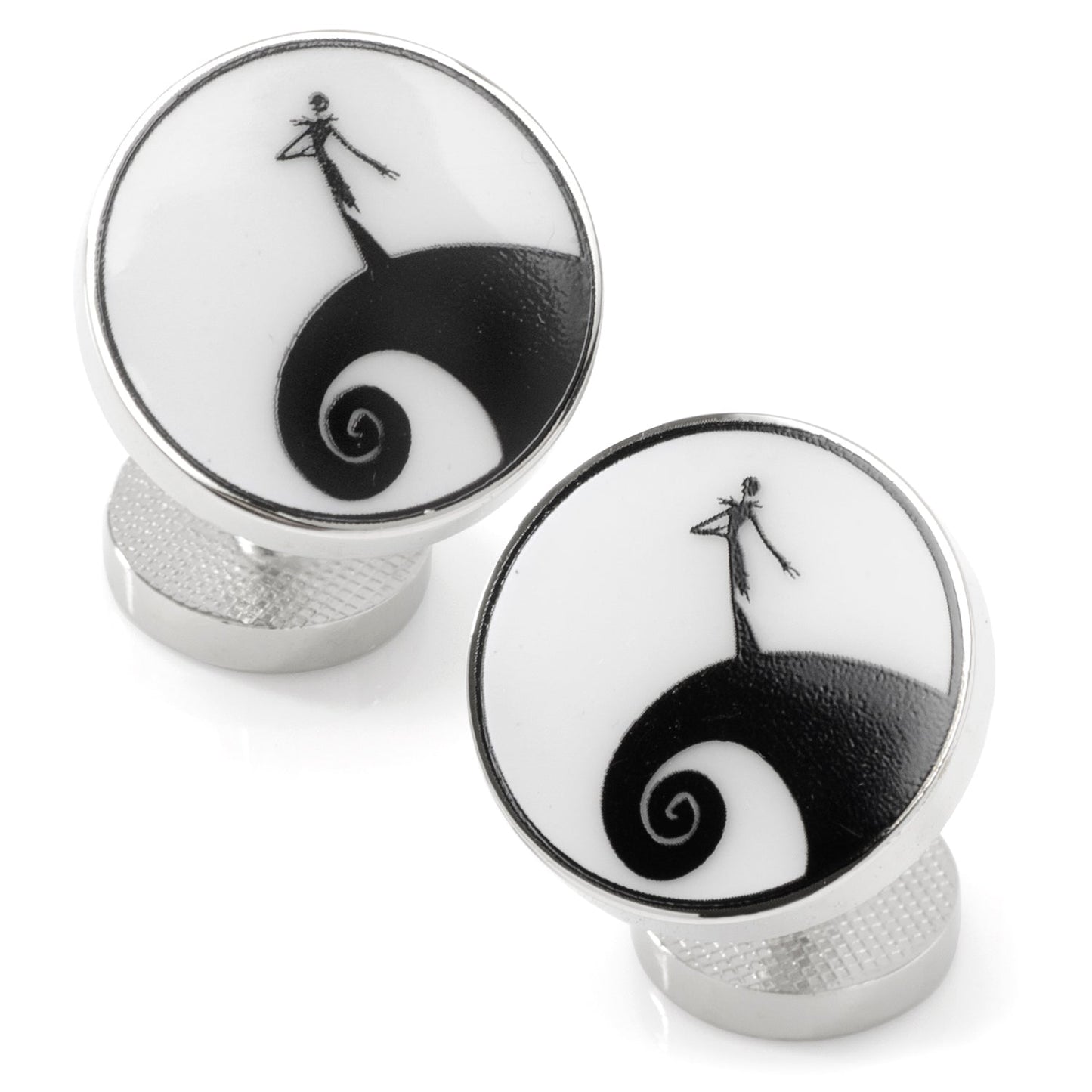 Cufflinks with a black and white design featuring a skeleton and a spiral on a white background.