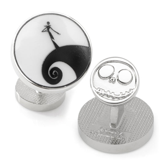 Cufflinks with a design inspired by 'The Nightmare Before Christmas' on a white background