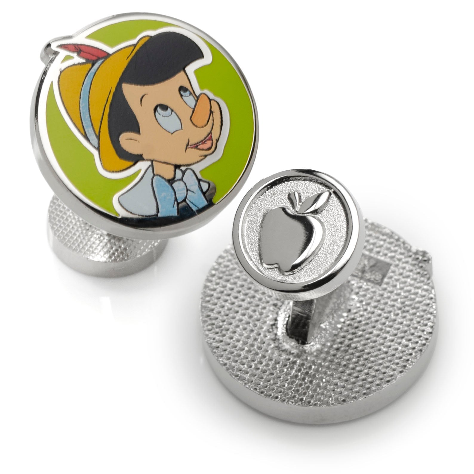 Cufflinks with a cartoon character and apple design on a white background Disney Pinocchio Cufflinks