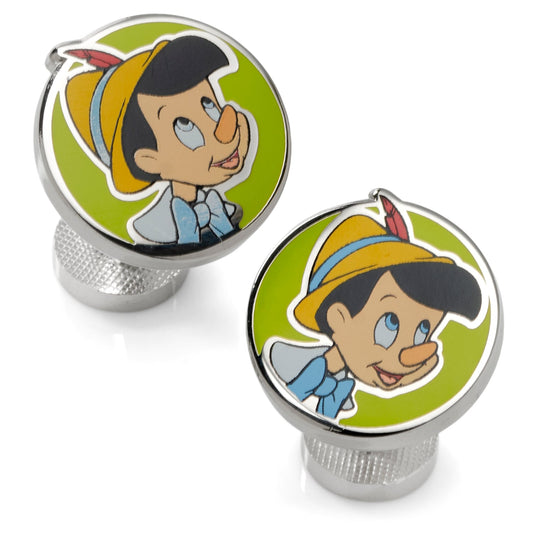 Two metallic knobs with cartoon character design on a white background Disney Pinocchio Cufflinks
