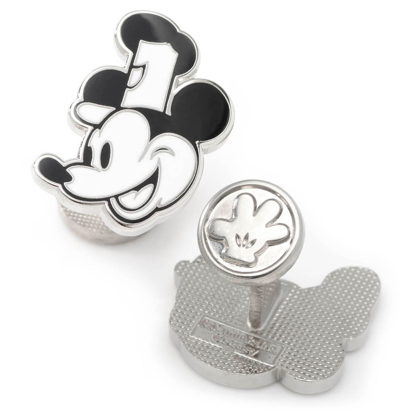 Mickey Mouse-shaped cufflinks on a white background