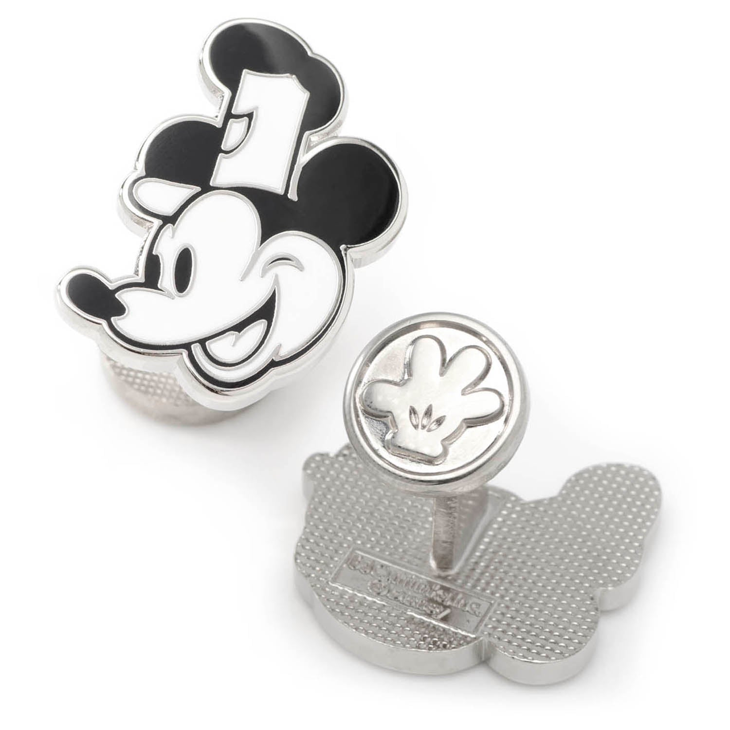 Mickey Mouse-shaped cufflinks on a white background