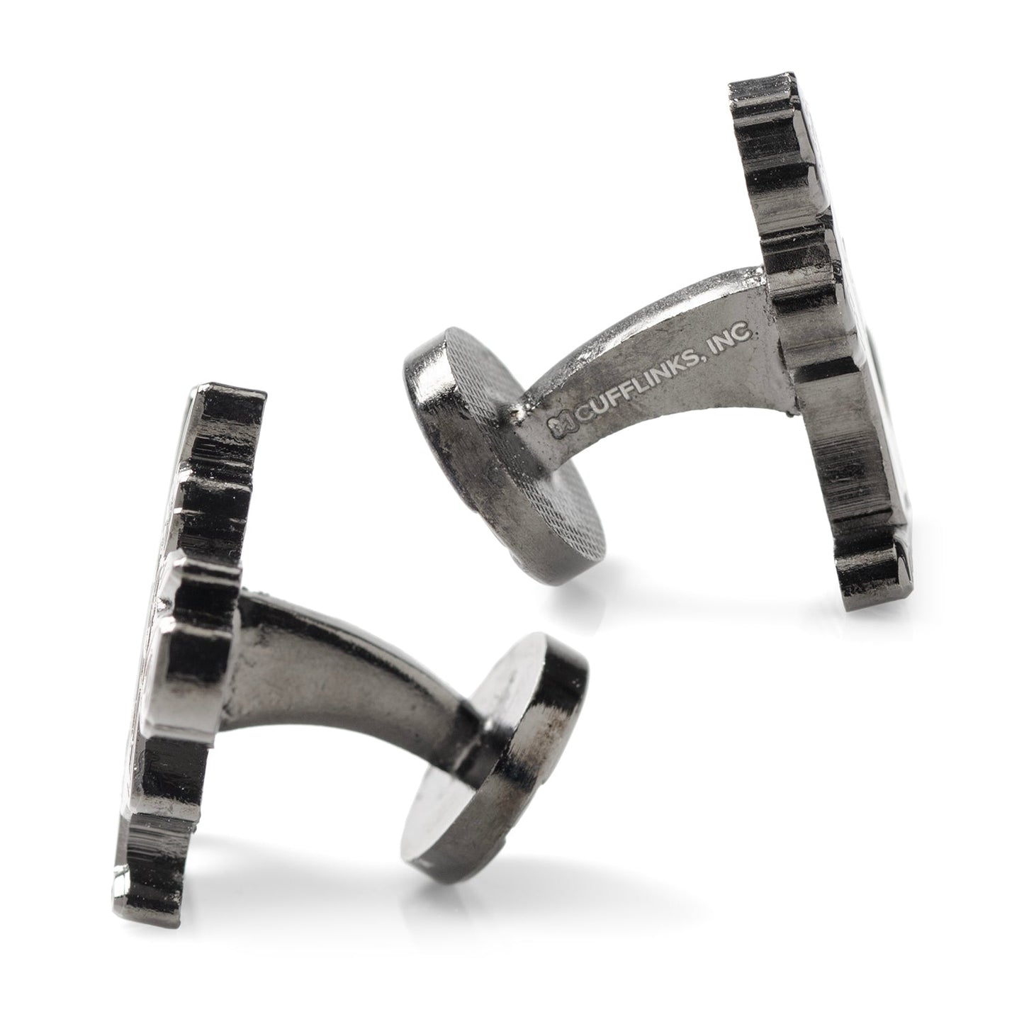 Pair of metallic cufflinks with 'CUFFLINKS, INC' branding on a white background