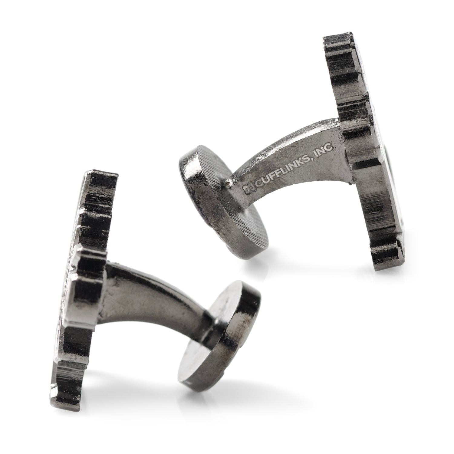 Pair of metallic cufflinks with 'CUFFLINKS, INC' branding on a white background
