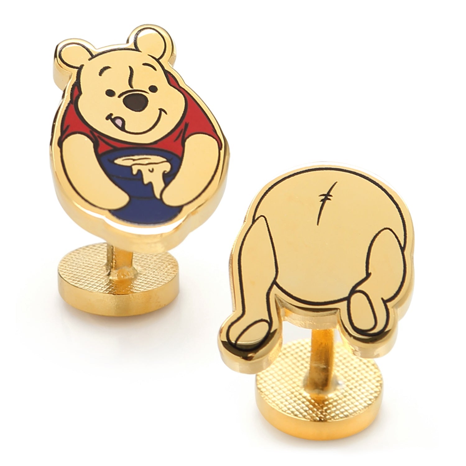 Gold Winnie the Pooh cufflinks on a white background