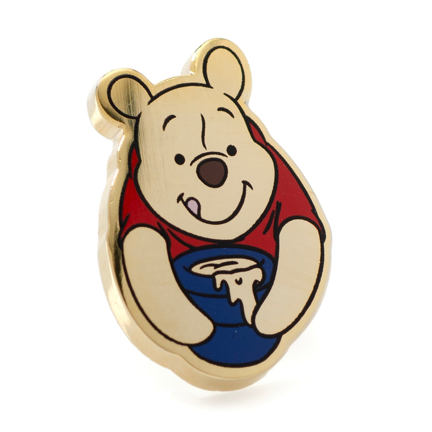Pin with cartoon bear character wearing a red shirt and blue shorts on a white background
