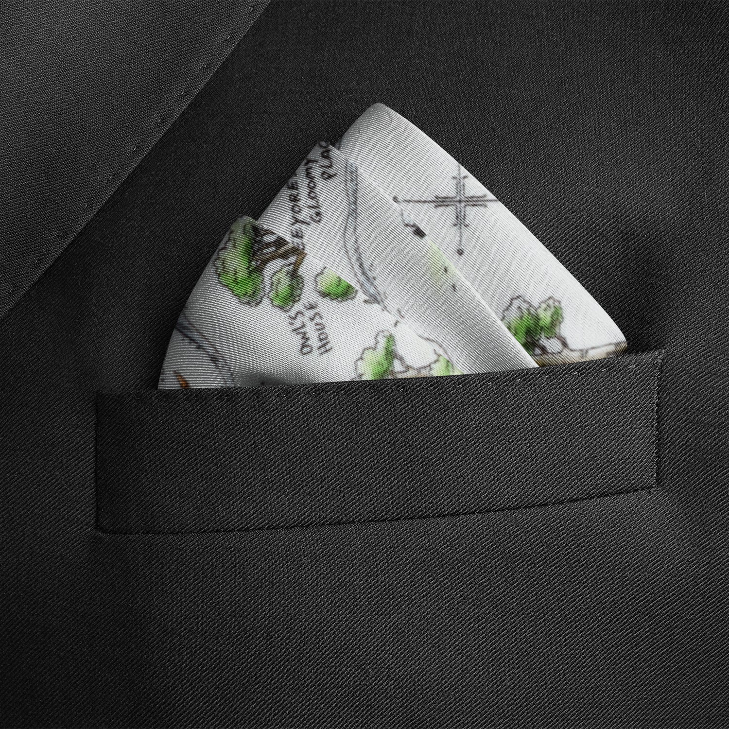 Map-themed pocket square in a black suit pocket Winnie the Pooh Map