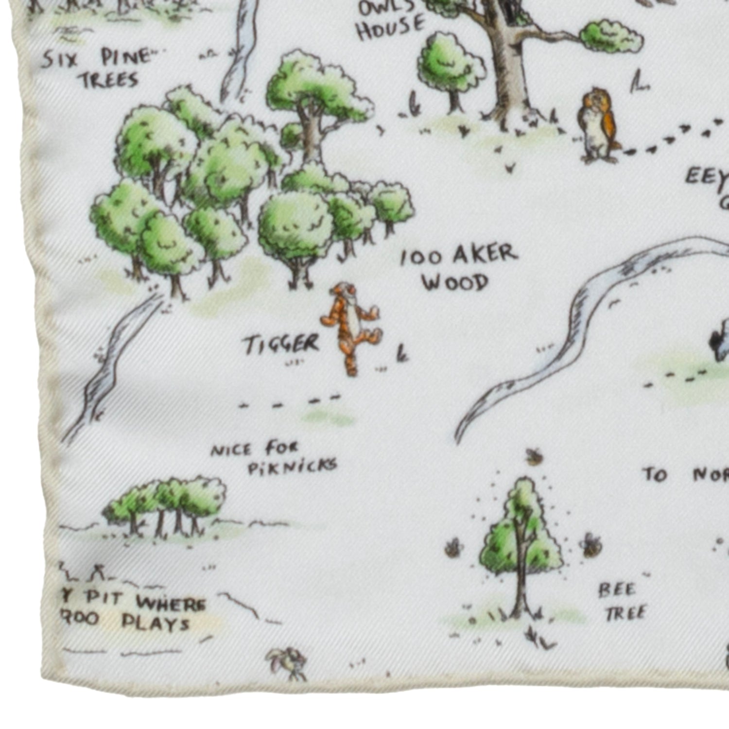 Map of '100 Aker Wood' with cartoon characters and trees on a white background Winnie the Pooh Map