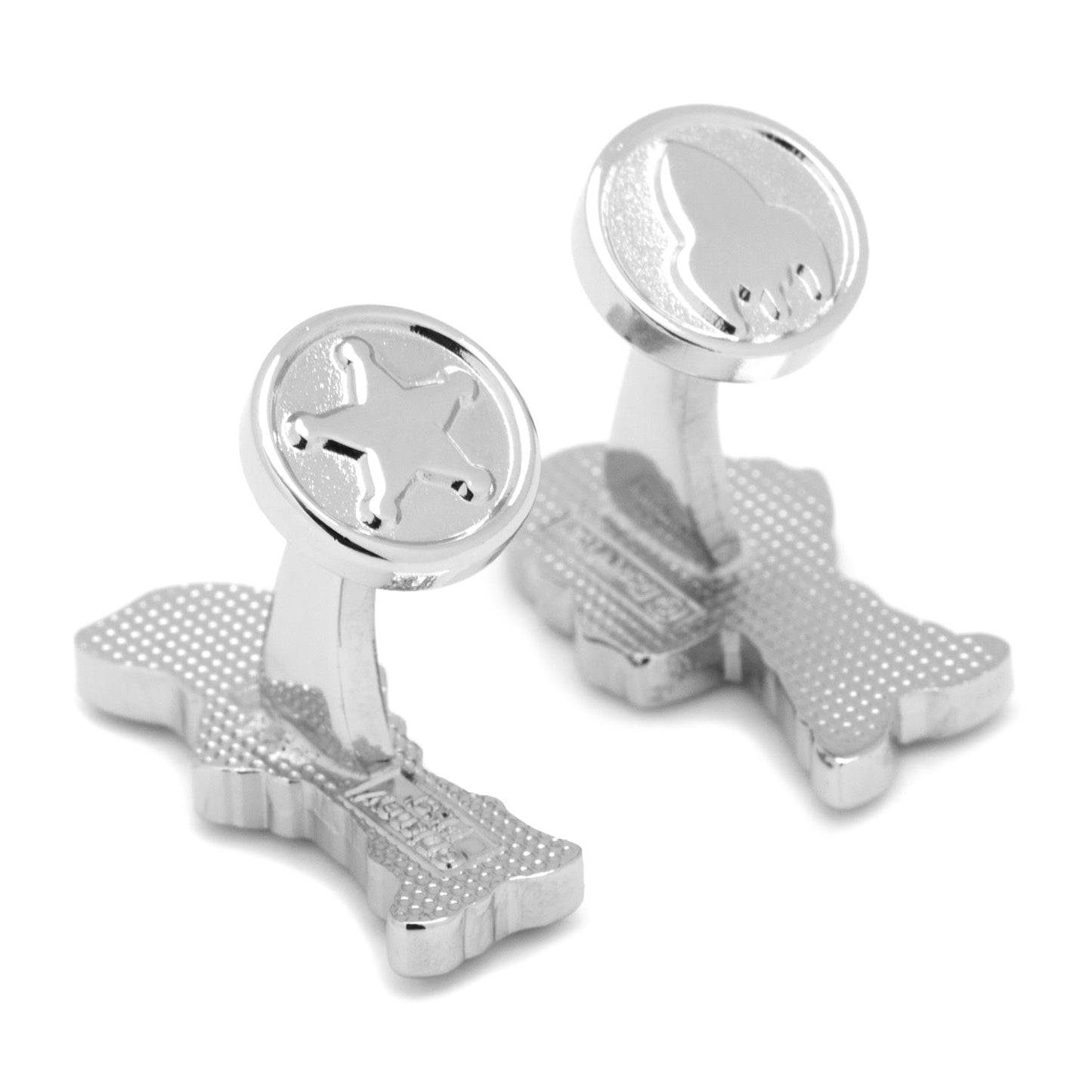 Silver cowboy boot cufflinks on a white background
