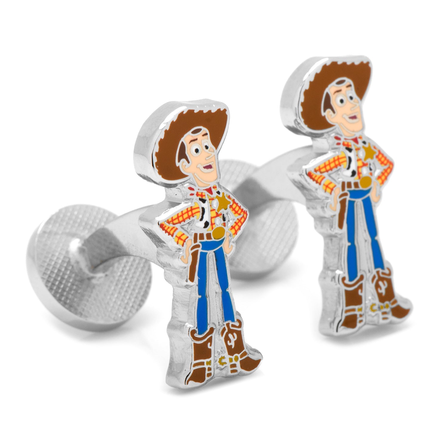 Cufflinks designed as cartoon characters on a white background