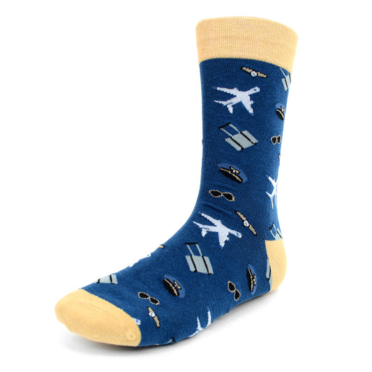 Fun Socks Men's Aviation Pilot Novelty Socks Blue Airplanes Travel Pilot Gifts