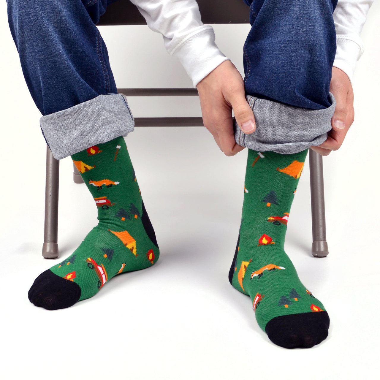 Fun Socks Men's Camping Novelty Socks Green and Black For Camping Outdoors Hiking Lovers Everywhere Dad Gifts