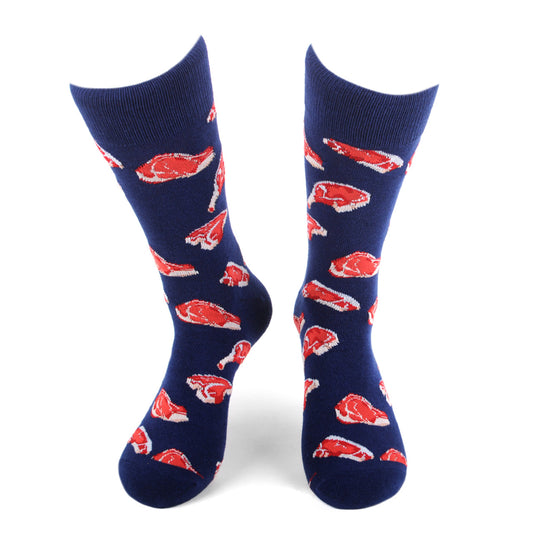 Funny Mens Socks Meat Lovers Novelty Socks Crazy Socks Steak Rib Eye T Bone Meat Lovers Gift Blue and Red Crazy Socks