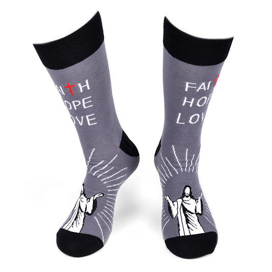 Fun Socks Men's Faith Hope Love Novelty Socks Grey and Black Cross Holy Father Socks Religious Gift Church Going Socks Jesus Crew Socks