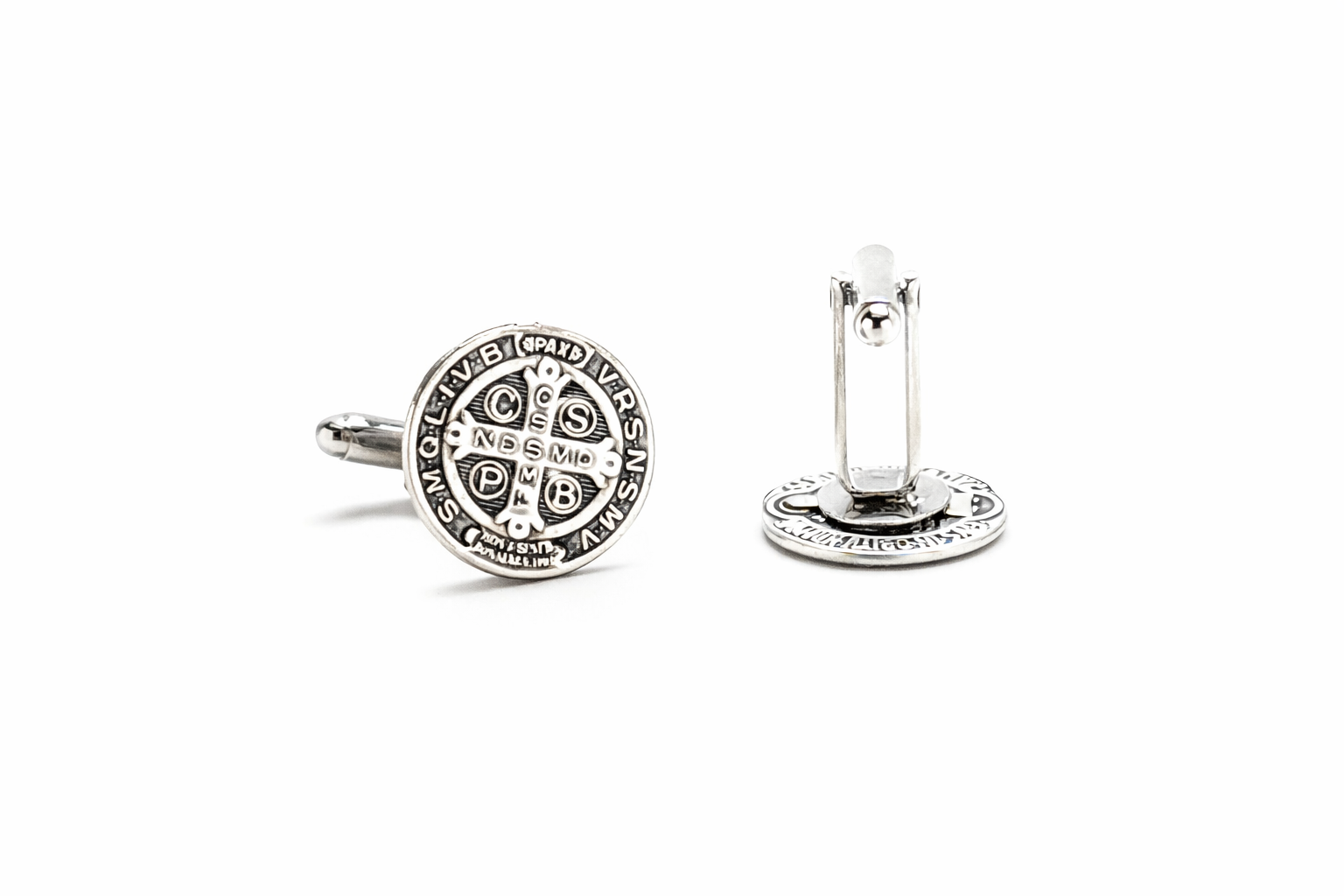 Detailed engraving St Benedict medal cuff links for men
