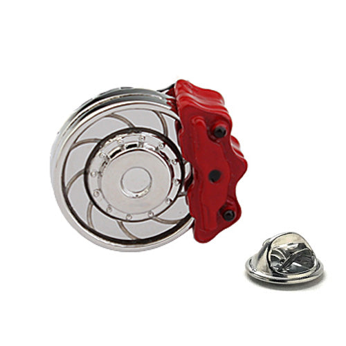 Disc brake lapel pin with red caliper design for car lovers