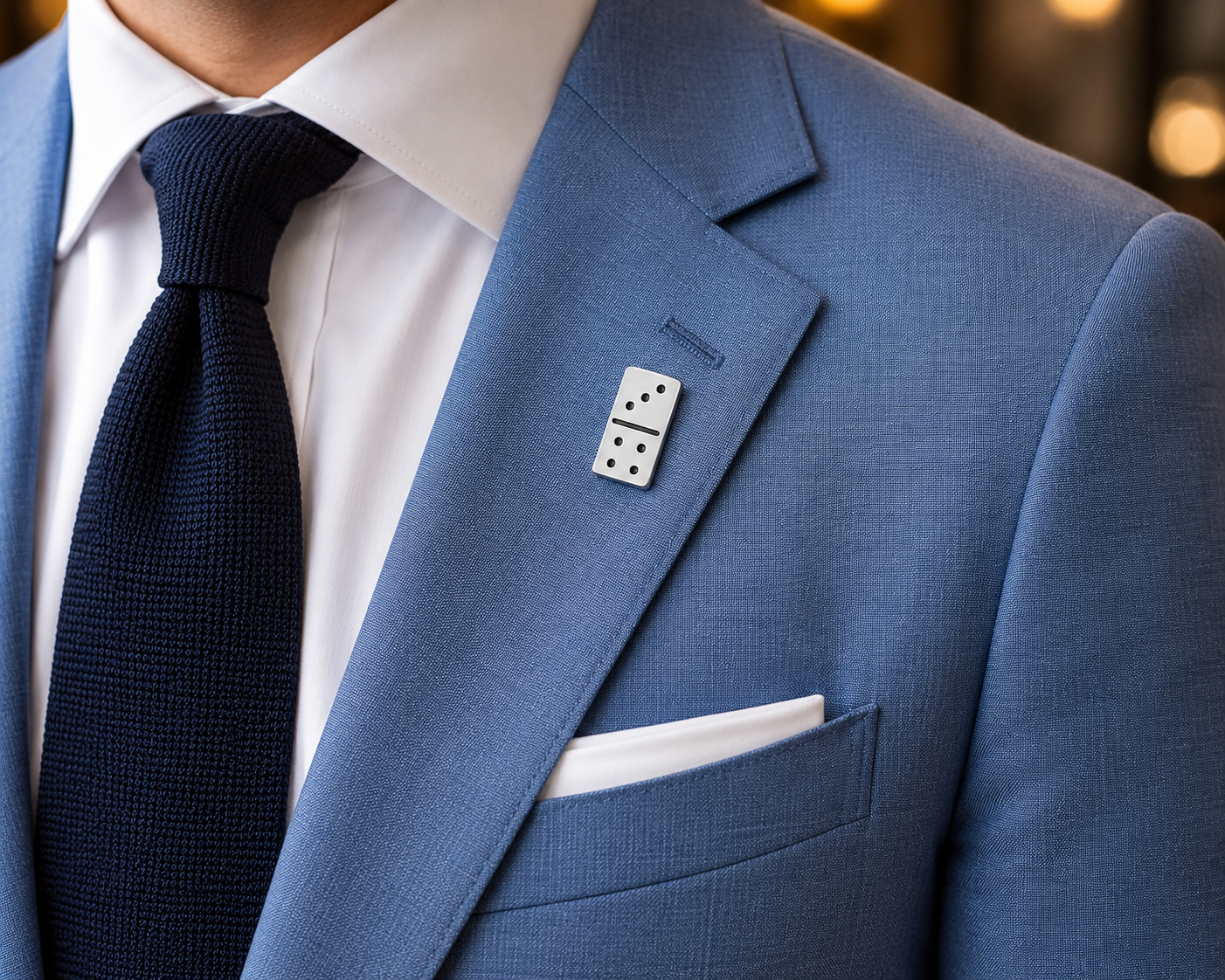 Blue suit jacket with a white shirt, dark tie, and a decorative pin on a blurred background Dominos Lapel Pin 