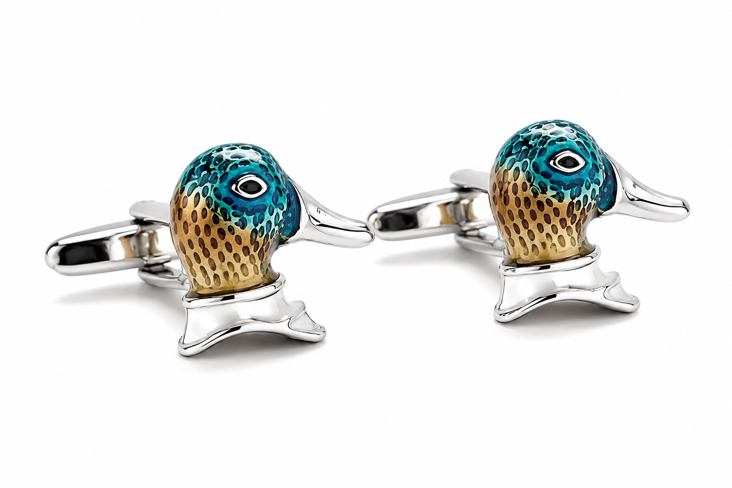 Hand Painted Duck Head cufflinks on a white background