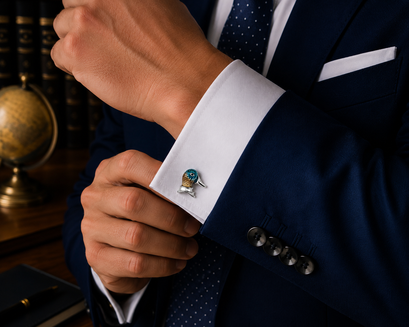 Close-up of a person adjusting a cufflink on a suit with a blurred background
