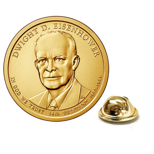 Dwight Eisenhower Presidential Dollar Lapel Pin, Uncirculated One Gold Dollar Coin Enamel Pin