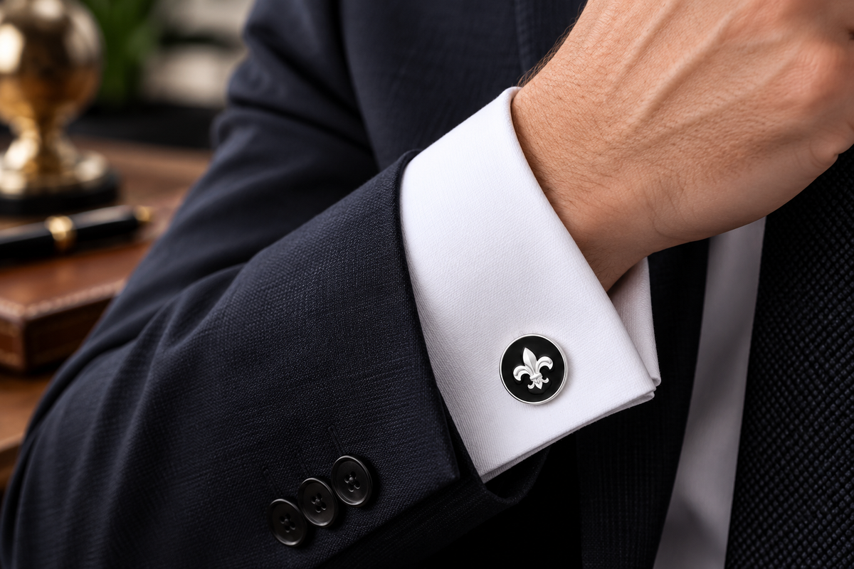 Fleur de Lis Cufflinks man wearing cuffs with blue suit 