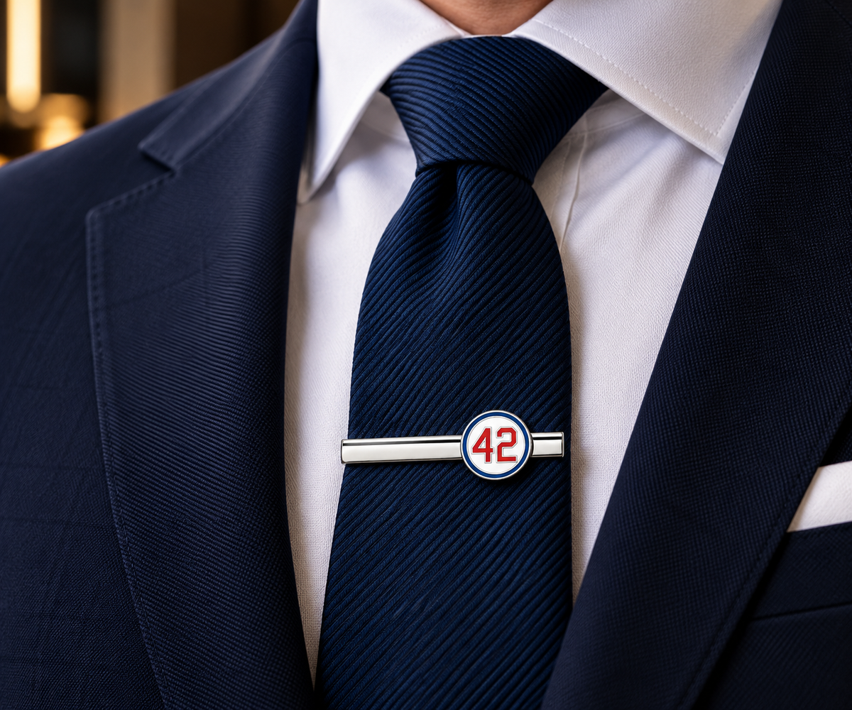 Jackie Robinson, Jackie Robinson Gift, Number 42, 42 Tie Clip, Baseball Tie Clip, Baseball Gift, Baseball Accessories, Baseball History, Baseball Fan Gift, Silver Tie Clip, Sports Tie Clip, Mens Accessories, Baseball Memorabilia, Fathers Day Gift, Groomsmen Gift blue suit