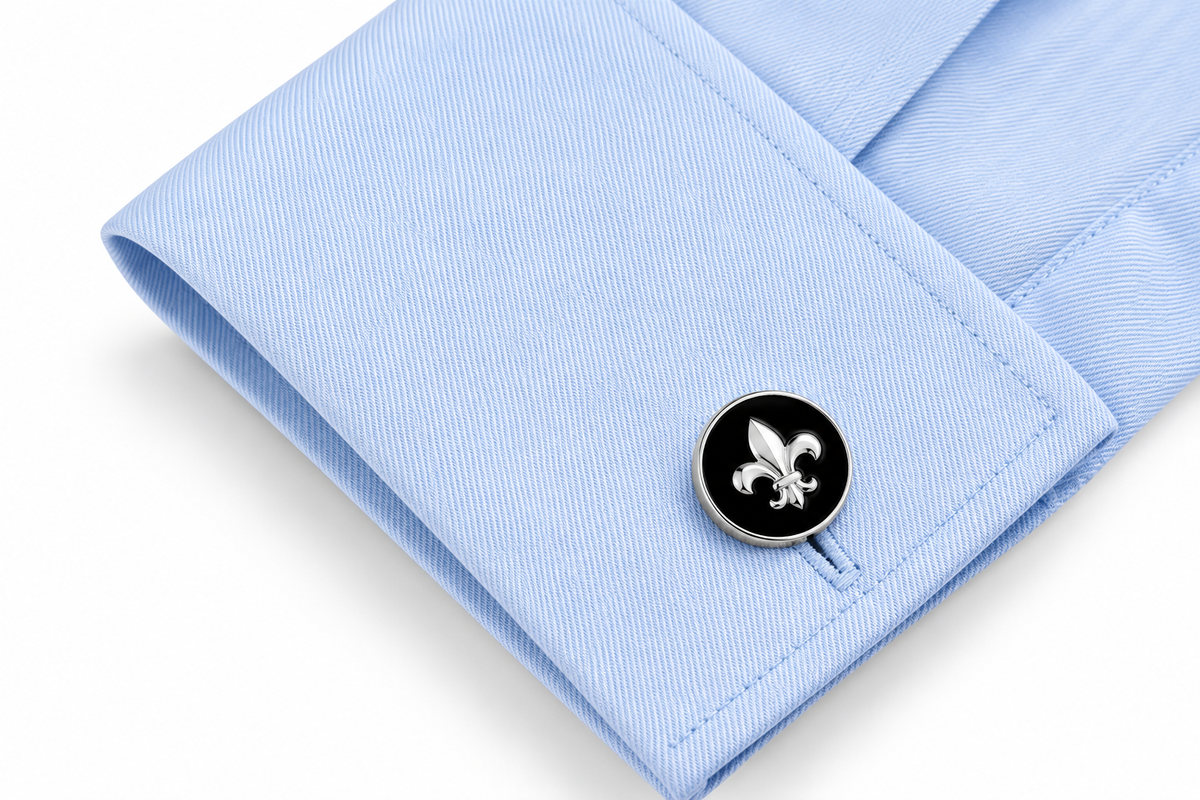 Fleur de Lis Cufflinks light blue shirt