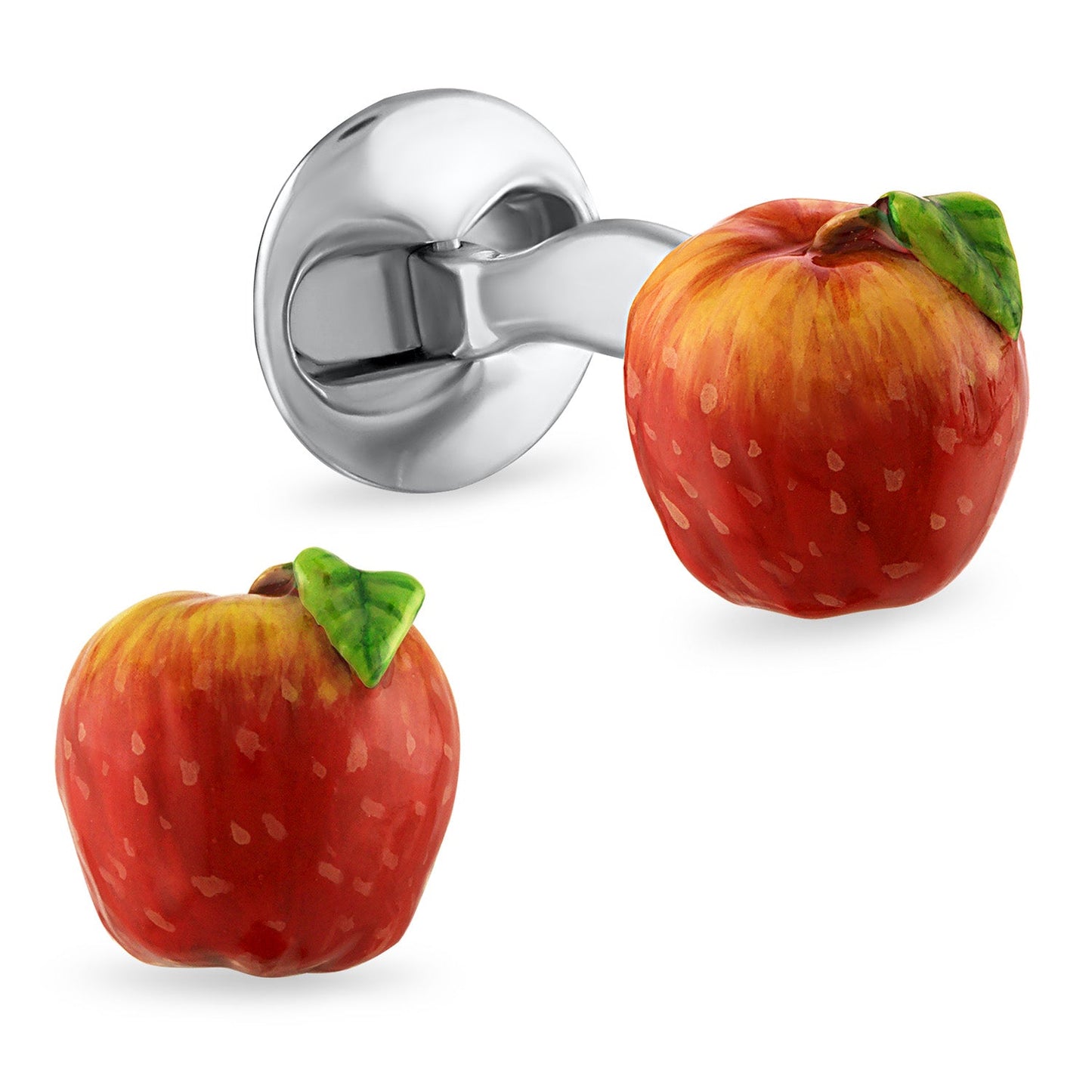 Silver hook with two red apples attached on a white background