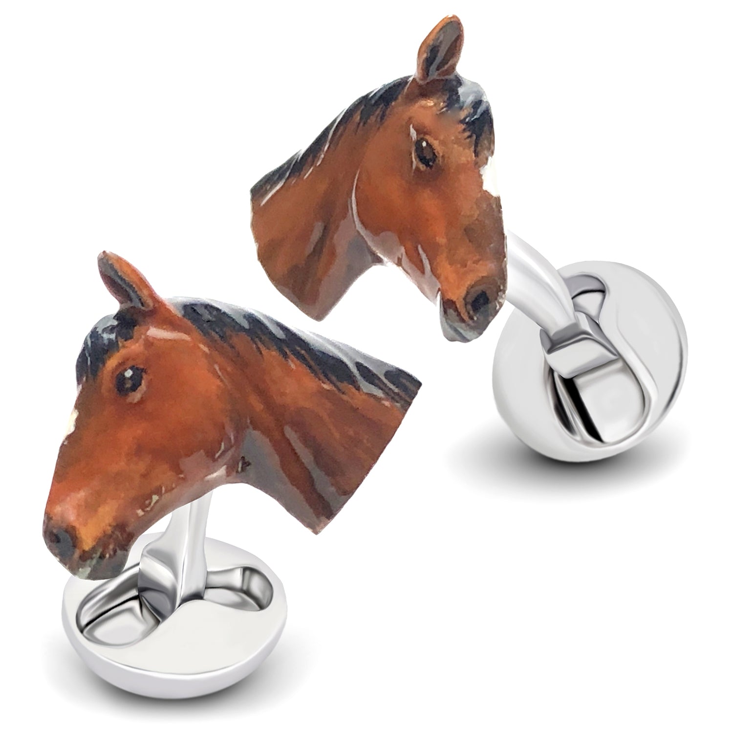 Horse head cufflinks on a white background