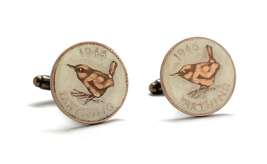 Hand-painted British Farthing coin cufflinks featuring vintage wren bird design, made from authentic 1940s coins