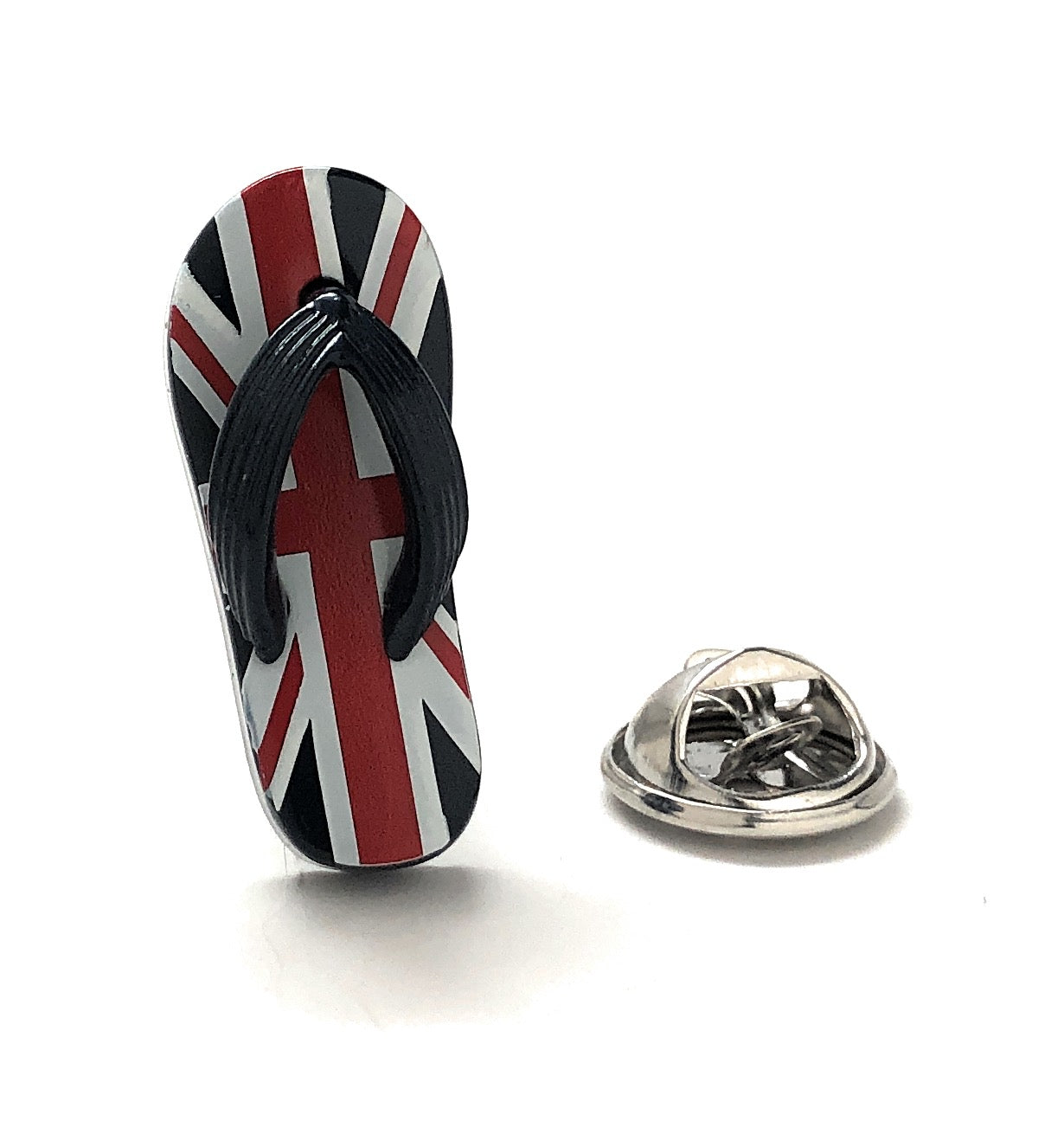 Flip-flop-shaped pin with Union Jack design on a white background