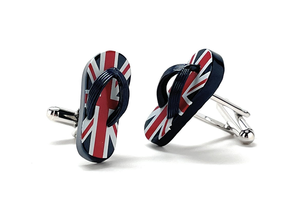 Flip-flop cufflinks with Union Jack design on a white background