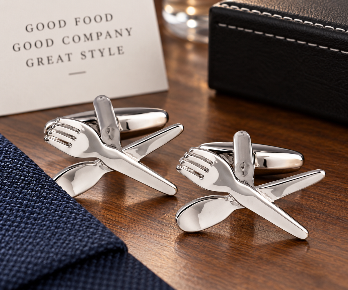 A pair of silver-toned cufflinks shaped like crossed cutlery, displayed on a wooden surface with a navy tie, a black leather case, and a card in the background.
