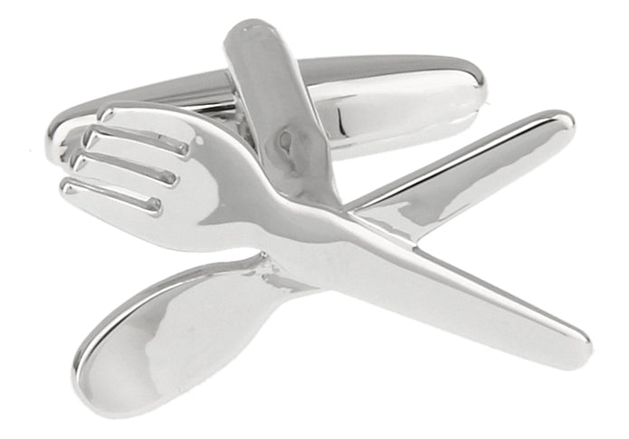 A polished silver-toned metal cutlery set featuring a fork, spoon, and knife arranged in a crossed, overlapping configuration on a plain white background.